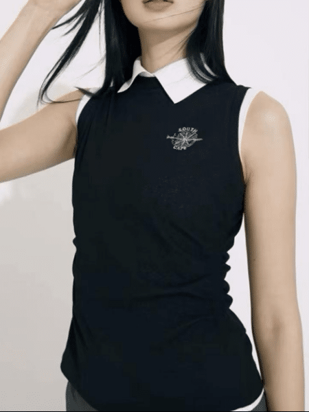 [사우스케이프] 니트라이크 슬리브리스 카라 티셔츠 (2 COLOR)