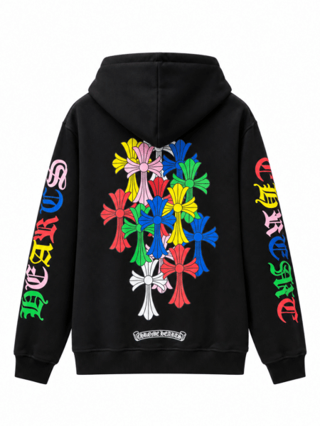 [크롬하츠] 멀티 컬러 클러스터 크로스 & 레터링 슬리브 후드 티셔츠 (2 COLORS)
